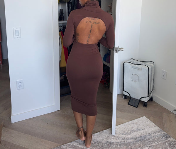 Chocolate turtle neck backless dress