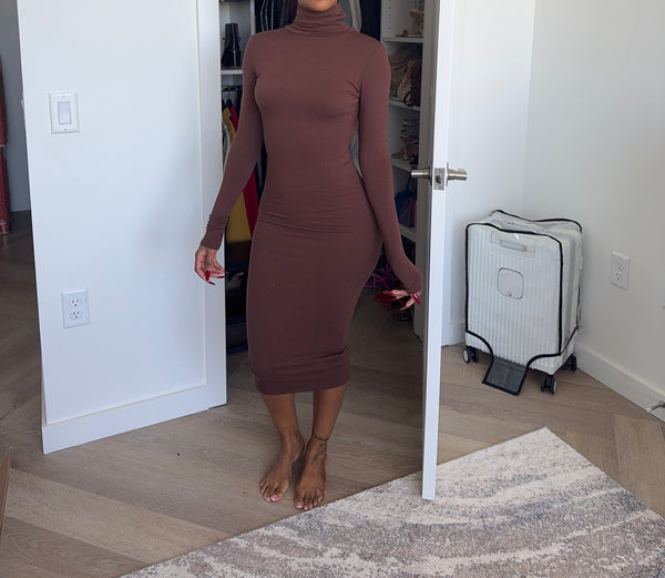 Chocolate turtle neck backless dress